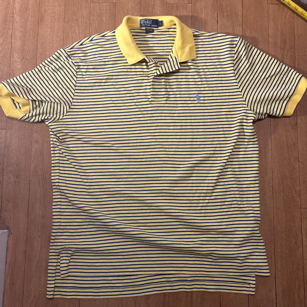 Polo Ralph Lauren Mens Large Yellow Blue Striped Short Sleeve Cotton Polo Shirt
